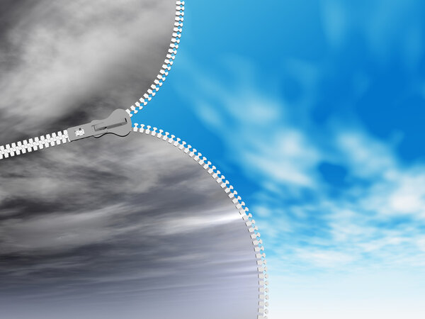 Concept or conceptual 3D abstract zipper from dramatic dark cloudy sky to a sunny summer blue sky with clouds background