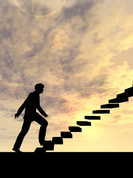 Koncepció, vagy fogalmi 3D-s férfi üzletember lépcső vagy lépéssel odébb napnyugtakor ég háttere — Stock Fotó