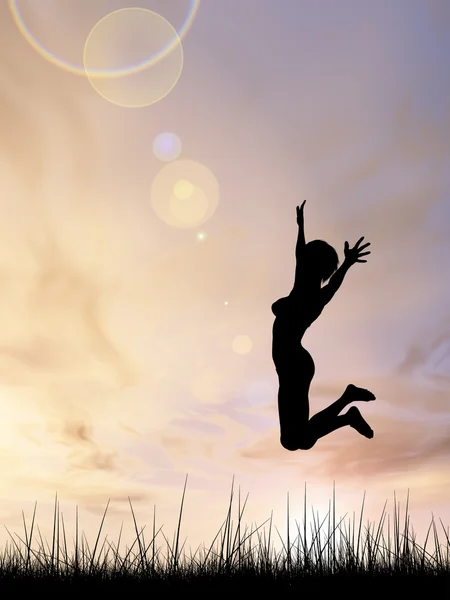 Konzept oder konzeptionelle junge Frau oder Geschäftsfrau Silhouette springen glücklich auf Gras Feld bei Sonnenuntergang oder Sonnenaufgang Himmel Hintergrund — Stockfoto