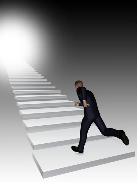 Concepto conceptual 3D hombre de negocios corriendo o escalando la escalera sobre fondo negro con luz —  Fotos de Stock