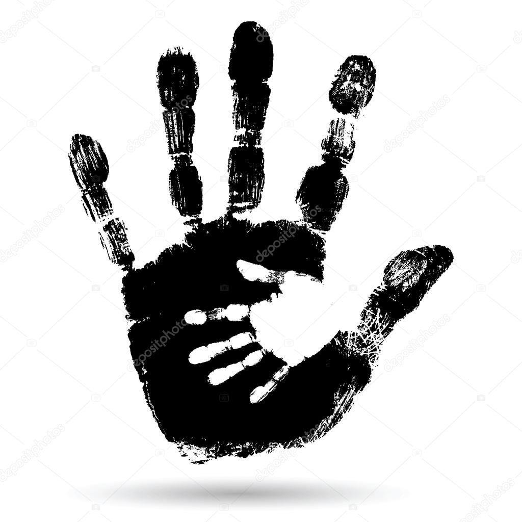 Concept or conceptual cute black paint hand of mother child handprint isolated on white background