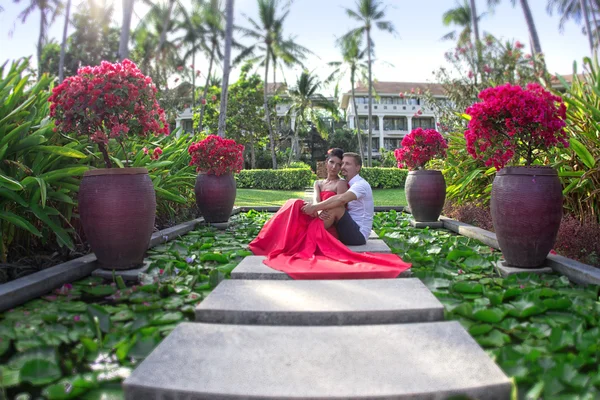 Pareja enamorada en un jardín tropical. Tailandia — Foto de Stock