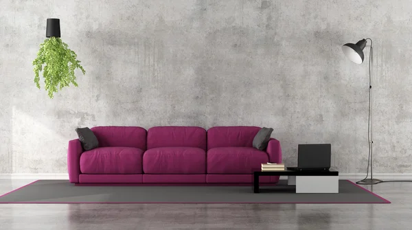 Minimalistický obývací pokoj s fialové sofa — Stock fotografie