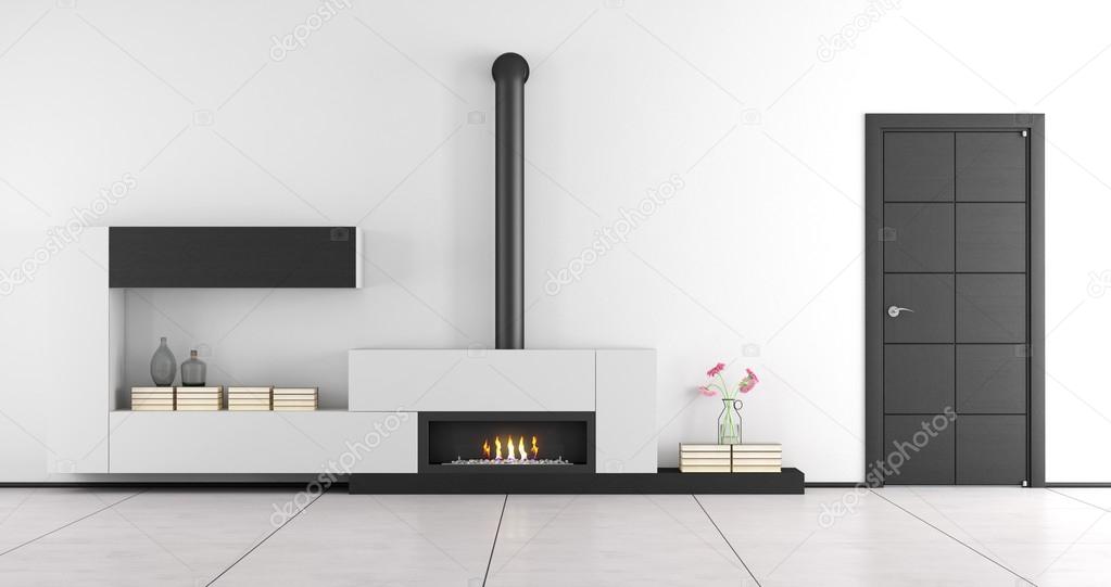 Black and white living room with fireplace