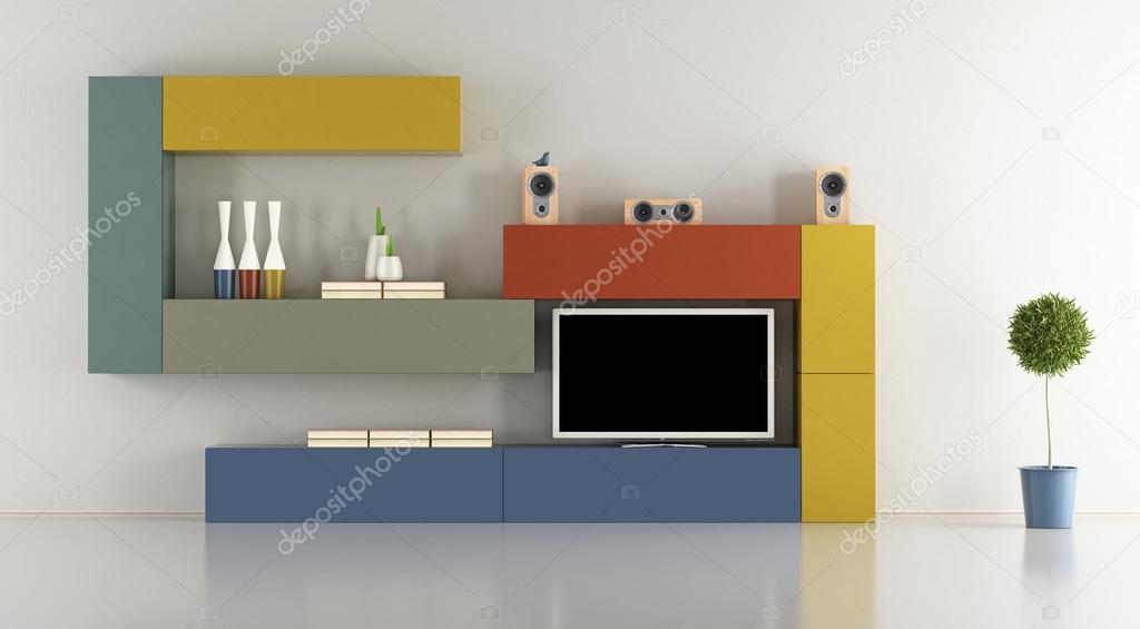 Minimalist lounge with colorful wall unit