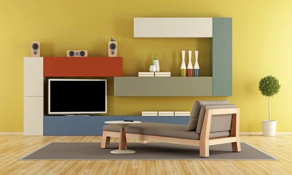 Ruang keluarga kontemporer dengan unit dinding berwarna-warni — Stok Foto