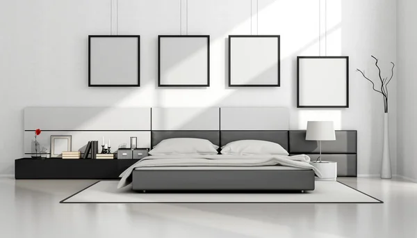 Zwart-wit minimalistische slaapkamer — Stockfoto