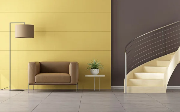 Moderne ruimte met houten trap — Stockfoto