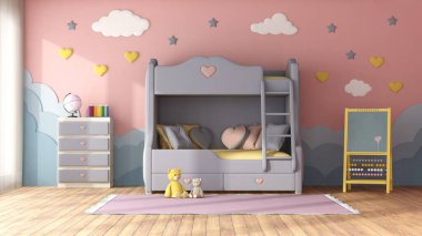 Pastel rengi, ranzalı çocuk odası, mavi duvarda dekor nesneleri, çekmece ve karatahta sandığı - 3D görüntüleme