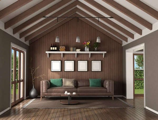 Salon Drewnianą Ścianą Skórzaną Sofą Sufitem Belkami Dachowymi Renderowanie — Zdjęcie stockowe