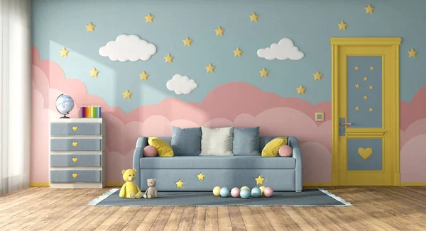 Quarto Infantil Colorido Com Sofá Cama Porta Fechada Cômoda Renderização — Fotografia de Stock