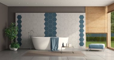 Küvetli minimalist banyo ve altıgen döşeme duvarı - 3 boyutlu
