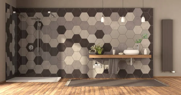 Modern Bathroom Shower Washbasin Wooden Shelf Hexagonal Tiles Wall Rendering — Stock Photo, Image