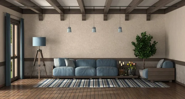 木製ソファ付きのレトロなスタイルのリビングルームに青いクッション 3Dレンダリング — ストック写真