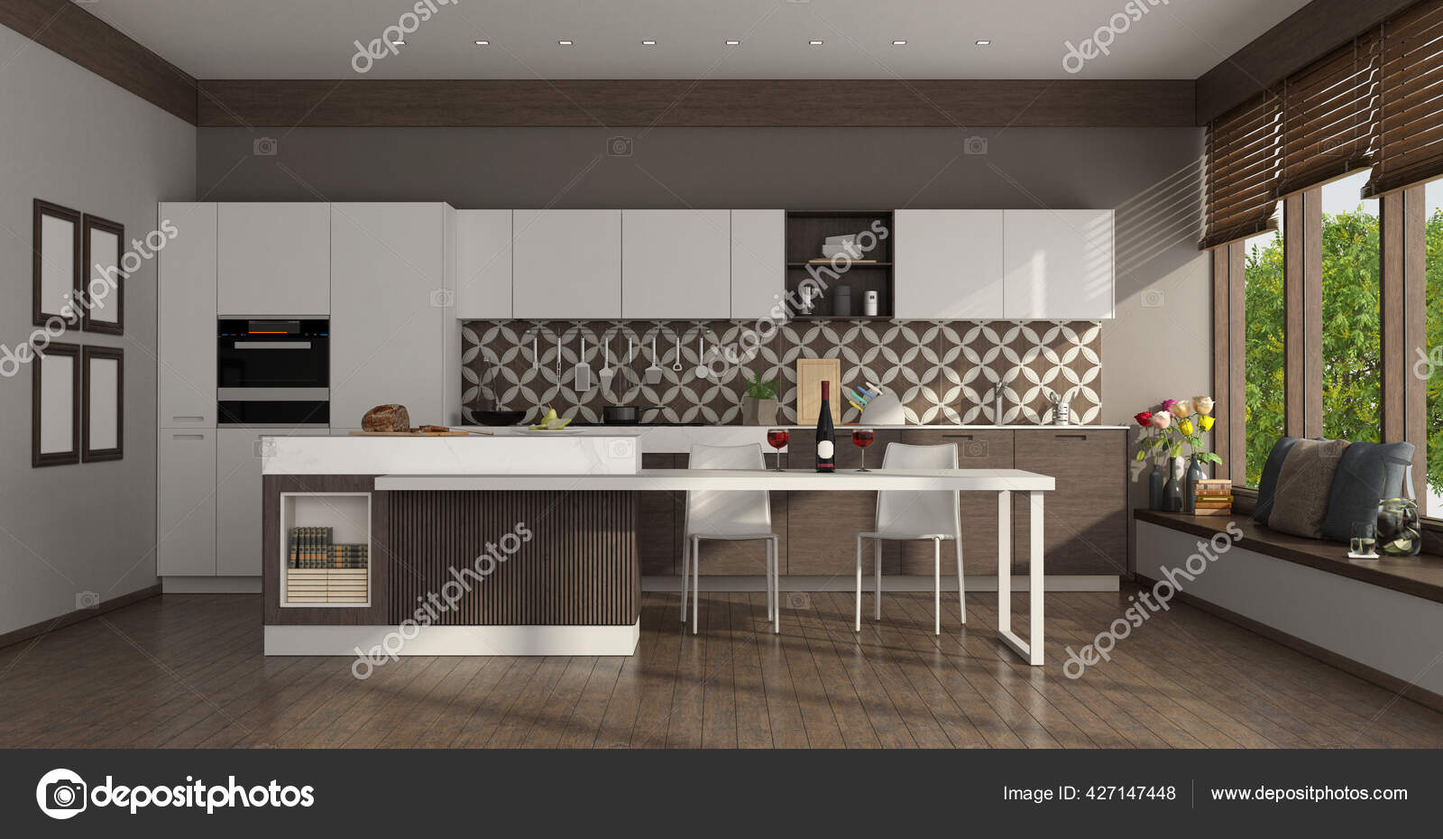 Modern White Kitchen Island Dining Table Large Windows Rendering Stock Photo by ©archideaphoto
