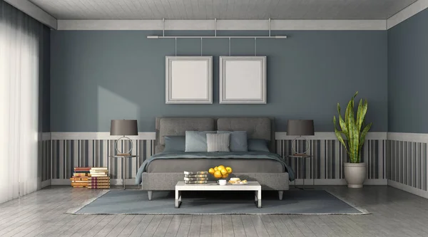 Vue Face Une Chambre Moderne Avec Lit Double Bleu Gris — Photo