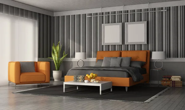 Dormitorio Moderno Gris Naranja Con Cama Doble Sillón Pared Con —  Fotos de Stock