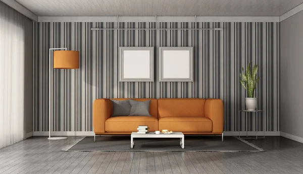 壁纸墙前的现代橙色沙发 3D渲染 — 图库照片