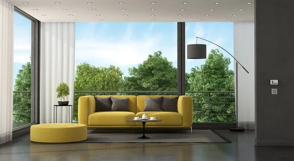 Yellow sofa in front of a large window in a minimalist living room - 3d rendering