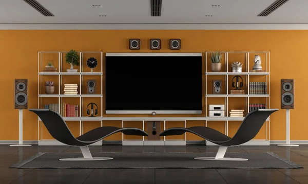 Modernes Wohnzimmer Mit Heimkino System Mit Großem Flachbildschirm Bücherregal Und — Stockfoto