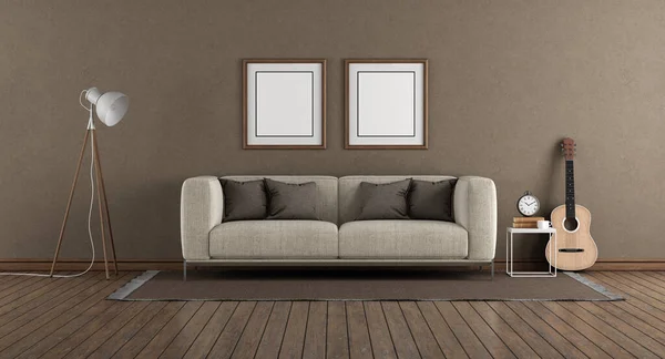 Minimalistische Woonkamer Met Bruine Muur Moderne Sofa Vloerlamp Gitaar Hardhouten — Stockfoto