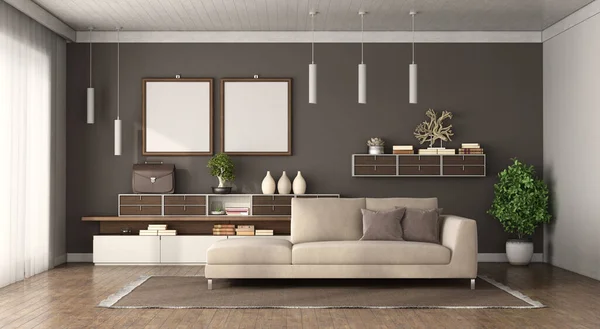 Modern living room with brown wall, sofa and sideboard on background - 3d rendering