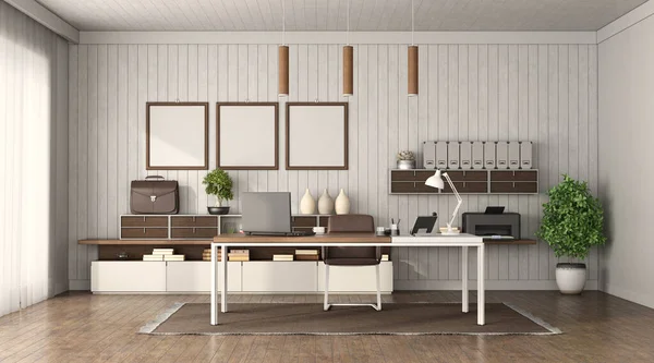 Intérieur Bureau Moderne Avec Bureau Buffet Mur Bois Sur Fond — Photo