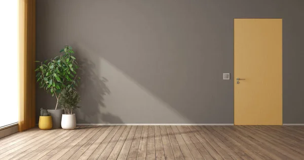 Leerer Raum Mit Gelber Wandtür Und Zimmerpflanzen Rendering — Stockfoto