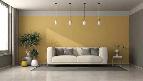 Soggiorno Grigio Giallo Con Divano Moderno Tavolino Piante Appartamento Rendering — Foto Stock