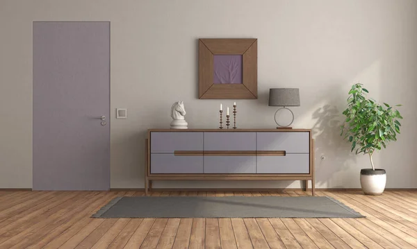 Minimalistiskt Rum Med Lila Sideboard Och Spola Vägg Dörr Rendering — Stockfoto