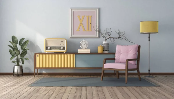 Soggiorno Stile Vintage Con Colori Pastello Credenza Poltrona Rosa Rendering — Foto Stock