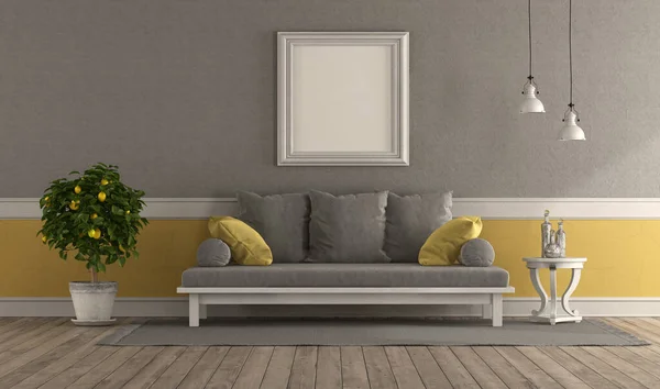 Šedý Žlutý Retro Obývací Pokoj Pohovkou Prázdným Rámečkem Vykreslování — Stock fotografie