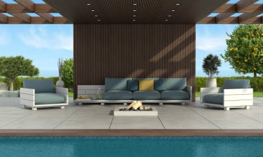 Modern kanepe ve koltuklar ahşap bir çatı altında havuz altında, arka planda Brezilya ve bahçe - 3D görüntüleme