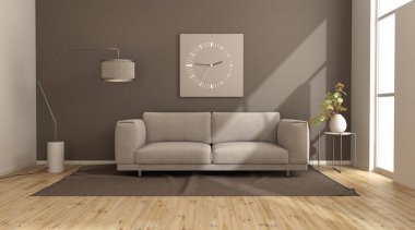 Modern oturma odası kahverengi duvarlı ve bej koltuklu halı ve yer lambalı - 3 boyutlu.