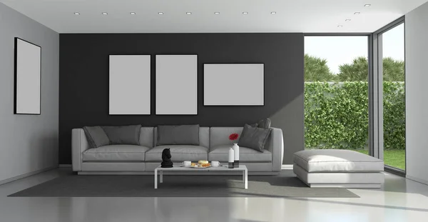 背景上有大窗户和花园的黑色和灰色现代客厅 3D渲染 — 图库照片