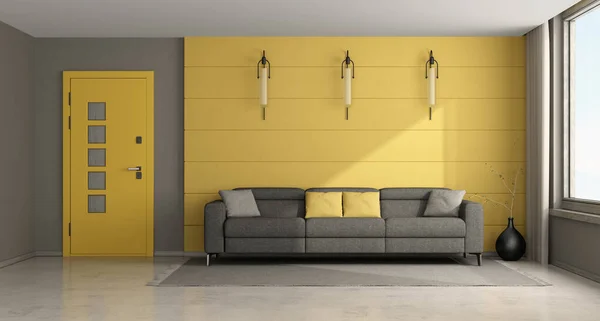 現代の黄色とグレーのリビングルームにソファとフロントドア 3Dレンダリング — ストック写真