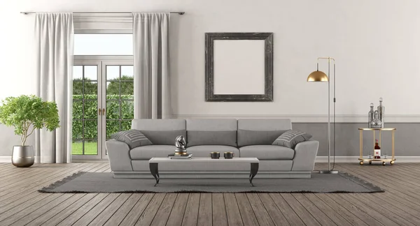 Elegant Home Interior Gray Sofa Windows Background Rendering — Stok fotoğraf