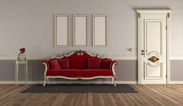 エレガントな赤いソファと古典的なドアの3Dレンダリングとレトロなスタイルのリビングルーム — ストック写真