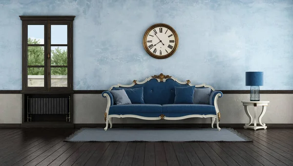 木制窗户下装有旧散热器的旧房间里的蓝色经典沙发 3D渲染 — 图库照片
