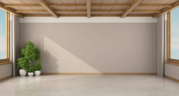 Empty Room Large Windows Houseplants Wooden Ceiling Rendering — Fotografia de Stock