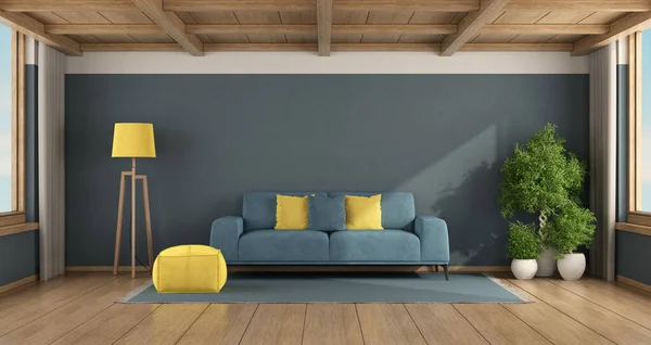 Soggiorno Moderno Con Divano Blu Cuscini Gialli Soffitto Legno Rendering — Foto Stock