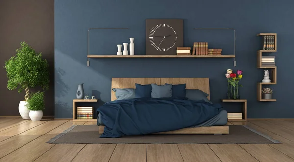 Wooden Double Bed Blue Modern Bedroom Shelves Books Decor Objects — Fotografia de Stock