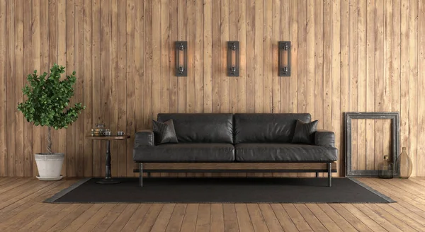 ブラックレザーソファ付きのレトロスタイルの木製の部屋 3Dレンダリング — ストック写真
