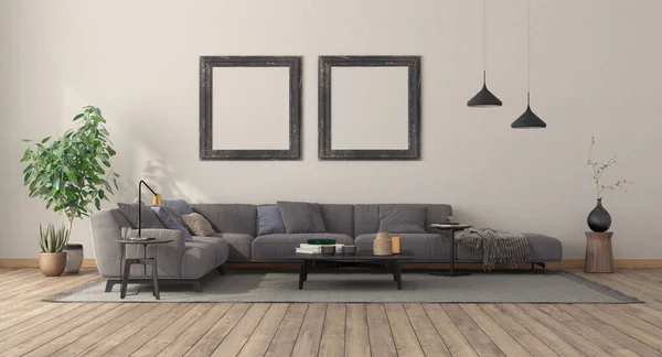 Minimalistisches Wohnzimmer Mit Modernem Sofa Couchtisch Und Leerem Bilderrahmen Der — Stockfoto