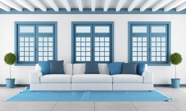 Wit en blauw woonkamer — Stockfoto