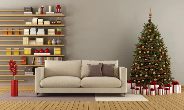 Moderne lounge met kerstboom — Stockfoto