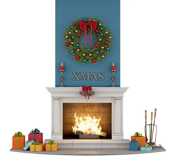 Caminetto tradizionale con decorazioni natalizie — Foto Stock