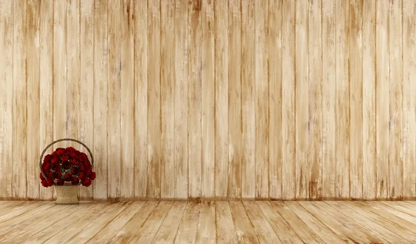 Vecchia camera in legno con cesto di vimini — Foto Stock