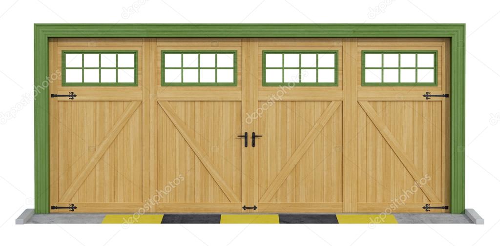 Car Wooden Garage On White Stock Photo, Double Opening Wooden Garage Doors