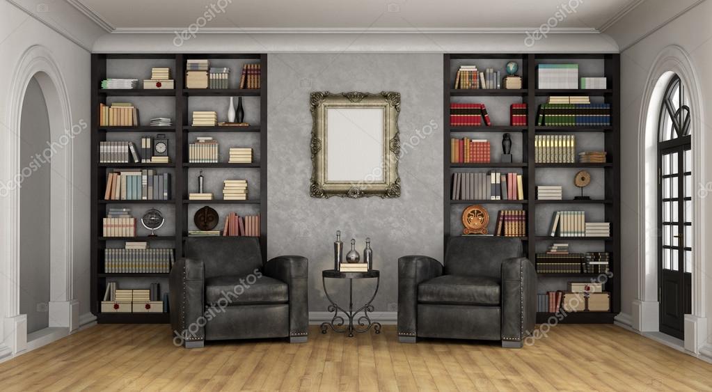 Luxe woonkamer met grote boekenkast en fauteuils — Stockfoto ... Luxe woonkamer met grote boekenkast en fauteuils — Stockfoto ...